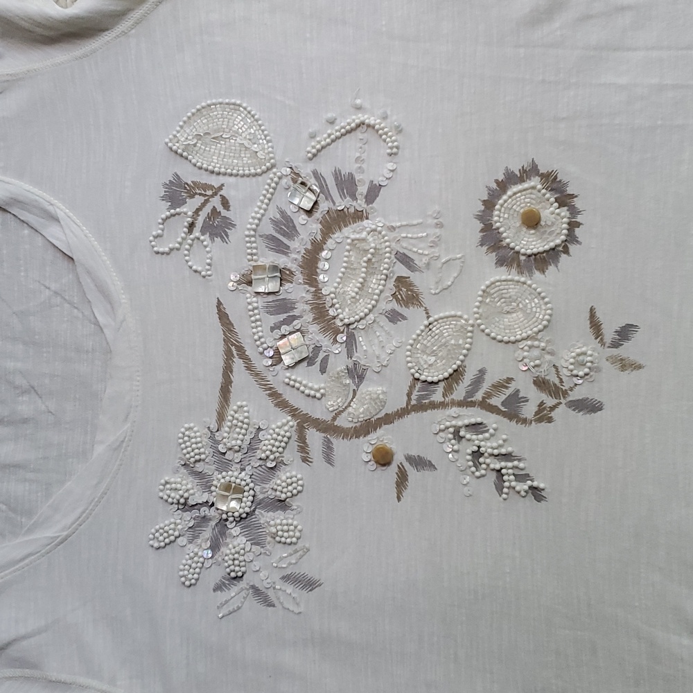 LOFT Cotton Short Sleeve Tshirt Embellished Mother Of Pearl Beada Large Petite - Picture 3 of 4